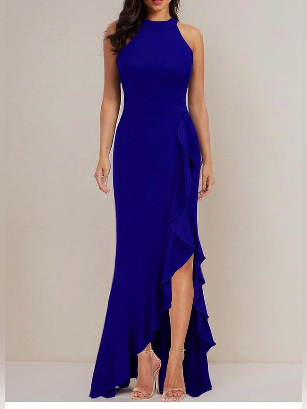 WooseaSleeveless Halter Ruffle Gown in Cobalt Blue size Large